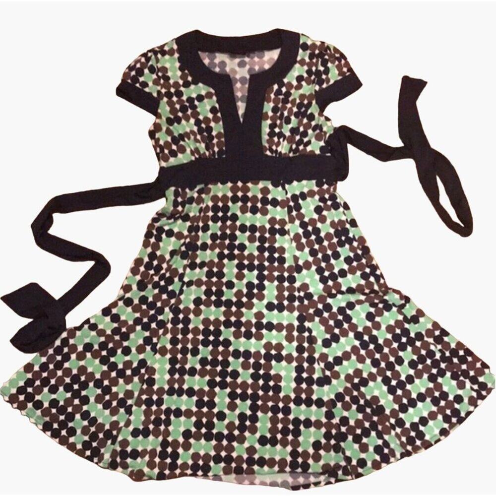 BCBG MaxAzria Women's Size Medium Green and Blue Polka Dot Dress With Tie Sash